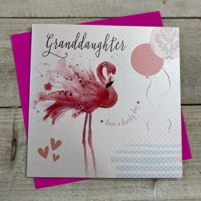 Image of WHITE COTTON CARDS GRANDDAUGHTER FLAMINGO BIRTHDAY CARD, HAND FINISHED (B156 GD)