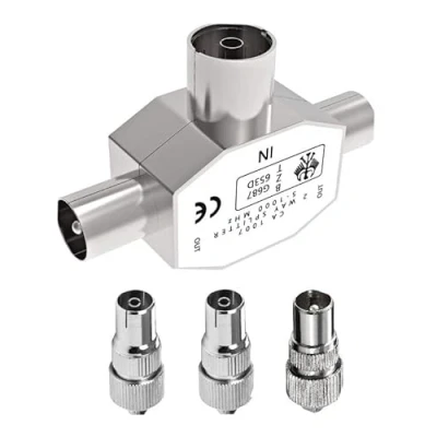 Image of Pencilupnose TV Aerial Coax Splitter, Coaxial Metal Housing, 2 Way 1 Female to Male Adapter Connector Joiner Includes 2x 1x Cable Connectors Adaptor