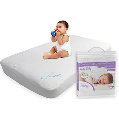 Image of Premium Cot Bed Mattress Protector 70 x 140 cm Noiseless Waterproof Pad Cover Fitted Sheet Natural Bamboo Silent Topper for Baby Toddler Children Cotbed