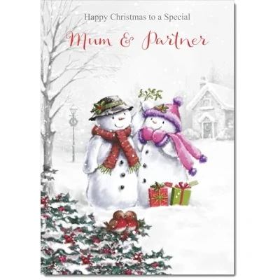 Image of doodlecards Mum and Partner Christmas Card Two Snowmen Medium Size for &amp; with Plain Envelope