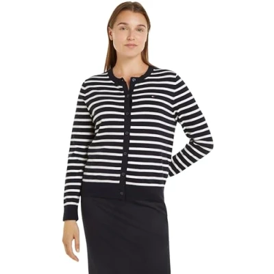 Image of Tommy Hilfiger Women&#039;s Co Jersey Stitch Cardigan Ww0ww42370 Sweater, Blue (Desert Sky/Ivory Petal STP), XL