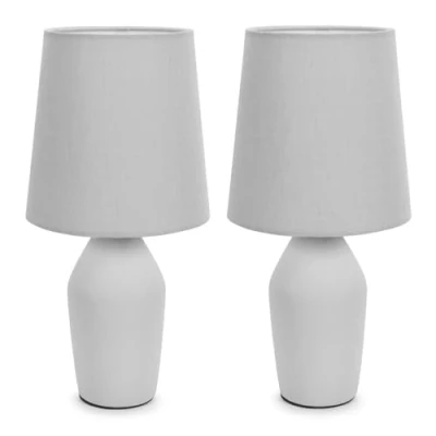 Image of Set of 2 Grey Ceramic Base Table Lamp with Tapered Fabric Lampshade Bedroom Bedside Light