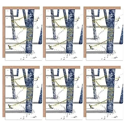 Image of Wee Blue Coo Christmas Cards x6 Tree Lights Pretty Watercolour Set Xmas