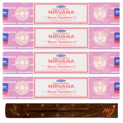Image of Original Satya Nag Champa Nirvana incense sticks with M&amp;J holder x4 pack for Aromatherapy, Spa, Yoga, Weddings, Meditation, Healing, Positivity and Relaxation