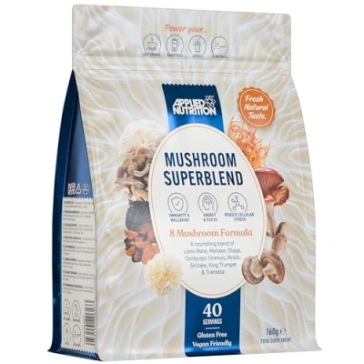 Image of Applied Nutrition Mushroom Superblend Lions Mane, Reishi, Chaga, Shiitake, Maitake, Tremella, Cordyceps Sinensis, King Trumpet Vegan &amp; Gluten Free (160g 40 Servings)