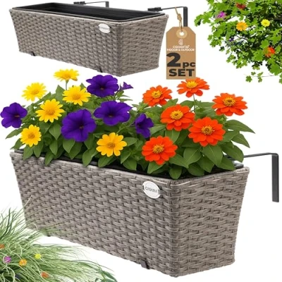 Image of CASARIA Set of 2 Flower Boxes Weatherproof Poly Rattan Hangable with Mounting Brackets Floating Planters Perfect for Balcony Windowsill Railing Gate or Fence 60 x 20 19cm 11 Litre Cream