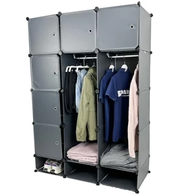 Image of Gr8 Home 15 Cube Grey Wardrobe Portable DIY Interlocking Plastic Modular Closet Storage Organiser Cabinet