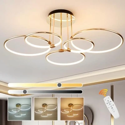 Image of Led Gold Ceiling Light, 5 Round Ring Design/ Ø93cm Chandelier, 108W Stepless Dimmable, Creative Metal Electroplate Pendant, Modern Lamp For Bedroom Living Children Office Study Kitchen Hallway