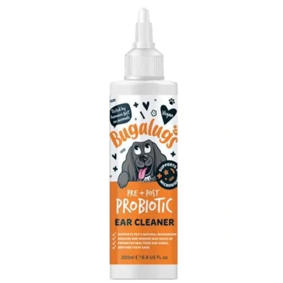 Image of BUGALUGS Ear Cleaner, Dog &amp; Cat Cleaner Solution Softens Removes Wax, Remedy For Hygiene, Non Toxic Drops, Stop Head Shaking with Easy Applicator (Probiotic 200ml)