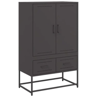 Image of vidaXL Highboard Sideboard Cabinet Black Cold Rolled Steel, 68x39x111.5 cm, 2 Doors, Drawers, Durable Storage Cupboard for Living Room, Office, Bedroom