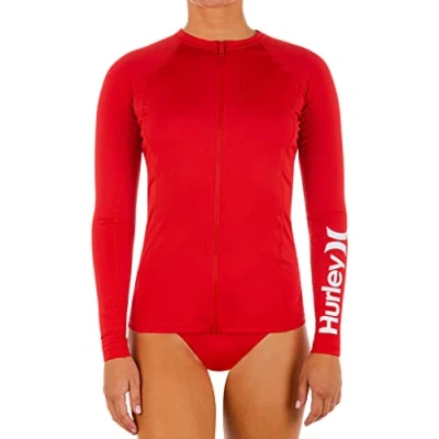Image of Hurley Womens Long Sleeve Zip Rashguard Rash Guard Shirt, Red Pepper, Large US