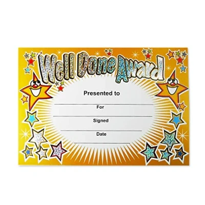 Image of SuperStickers &#039;Well Done Award&#039; Sparkling Classroom Certificate, A5 certificates. Pack of 20.