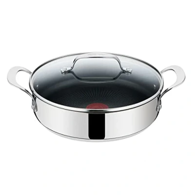 Image of Tefal Jamie Oliver Serving Pan with Lid 25 cm Induction Frying Stainless Steel Non Stick Coating Pans High Rim Oven Safe Riveted Handle E30