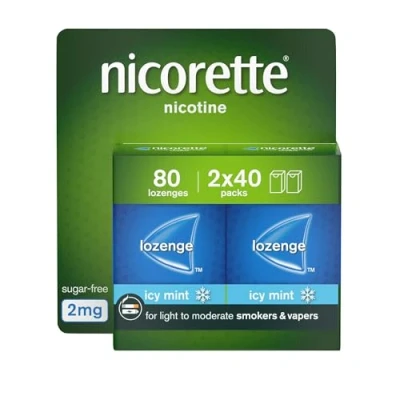 Image of Nicorette Cools 2mg Lozenge, 80 Lozenges (2 x 40 Packs), Effective and Discreet Quit Smoking Aid for Cigarettes, Nicotine with Dual Layer Icy Mint Flavour Release