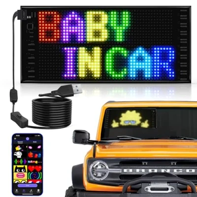 Image of Double Row Scrolling Led Sign for Car, 10.6&quot; x 4.7&quot; Flexible 5V/2A Bluetooth APP Control Programmable Custom Text Animation Digital Display Matrix Message Board Advertising, Fun