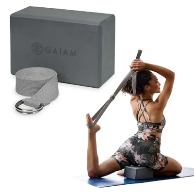 Image of Gaiam Yoga Block &amp; Strap Combo Set with Strap, Pilates Props to Help Extend Deepen Stretches, Kit for Stability, Balance Optimal Alignment Grey