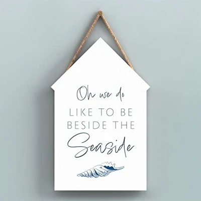 Image of Global Designs Beside The Seaside Coastal Blue Nautical Sign Wooden Beach Hut Hanging Plaque