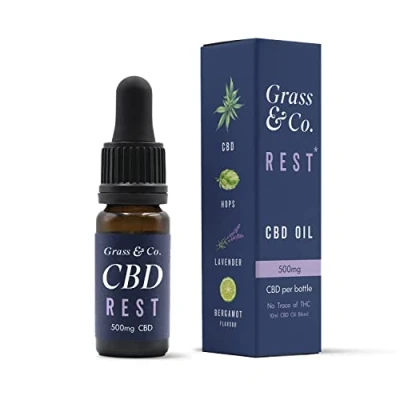 Image of Grass &amp; Co. REST Fast Acting Night Time CBD Oil Drops 500mg (5.5%) with a Restful Botanical Blend of CBD, Hops, Lavender, Bergamot Vitamin B5 to Help Reduce Tiredness Fatigue 10ml Bottle