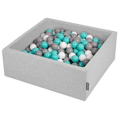Image of KiddyMoon 90X30cm/300 Balls ∅ 7Cm / 2.75In Square Baby Foam Ball Pit Made In EU, Light Grey:White/Grey/Light Turquoise