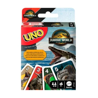Image of Mattel Games ​UNO Jurassic World Rebirth Card Game for Kids, Family &amp; Adult Nights, Deck with Special Rule Images Inspired by the Movie, JFT28