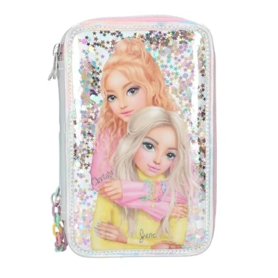 Image of Depesche 13196 TOPModel Electric Filled 3 compartment pencil case in silver, with model motif and colourful star confetti, crayons, ruler, scissors much more.