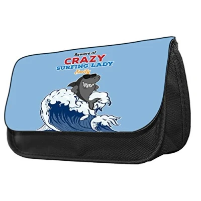 Image of Personalised Beware of Crazy Surfing Lady Themed Funny Pencil Case. Make up case, Back to School Gift.