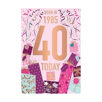 Image of Words &#039;n&#039; Wishes Female 40th Birthday Card Happy Age 40 with Born in 1985 Confetti Design and Embossed Foil Details for Women