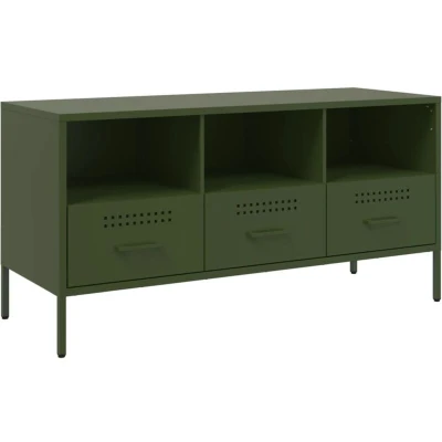 Image of vidaXL TV Cabinet Stand Unit Olive Green Steel Media Sideboard, Adjustable Feet, 100.5 x 39 50.5 cm, 3 Compartments, Drawers Living Room/Bedroom