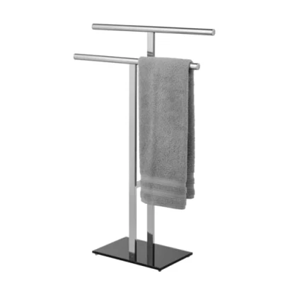 Image of WENKO Lava T shaped towel rail with 2 arms, combination of round and square tubes made shiny stainless steel heavy safety glass base plate, 50 x 81.5 20 cm