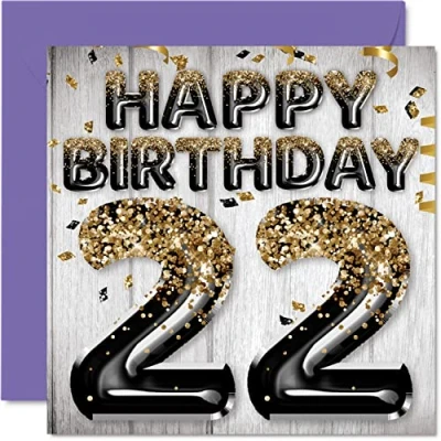 Image of 22nd Birthday Card for Men Black &amp; Gold Glitter Balloons Happy Cards 22 Year Old Man Son Brother Uncle Cousin, 145mm x Twenty Two Second Greeting Gift