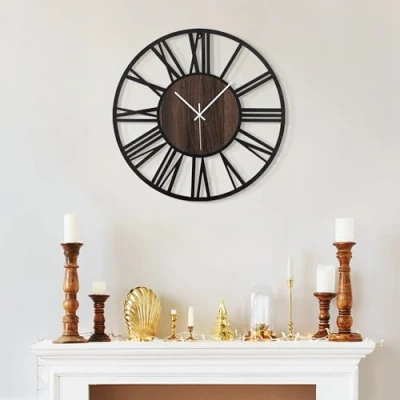 Image of HAITANG 13.5 Inch Wall Clocks,Silent,Non Ticking,Battery Operated Small Vintage Round Modern Wood Clock for Living Room, Bedroom,Kitchen,Farmhouse,Office Decor(Black Roman Number)
