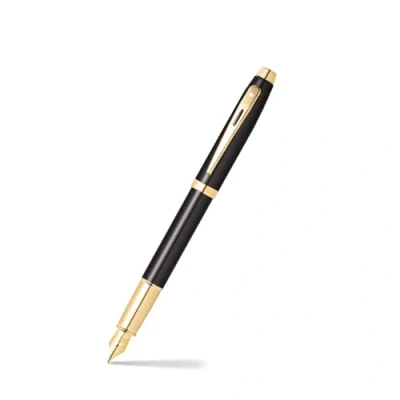 Image of Sheaffer 100 Refillable fountain pen, medium nib, glossy black finish, gold tone trim, with