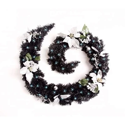 Image of Best Artificial Black Silver Decorated Christmas Garland with Bright White LED Lights (6ft / 180cm)