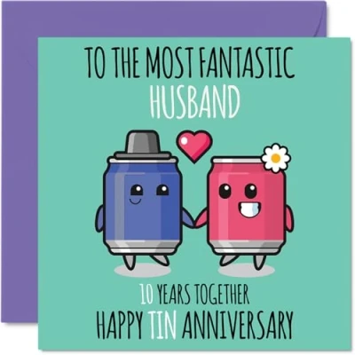 Image of Cute Tin Anniversary Card for Husband 10 Years Together Happy 10th Wedding Cards from Wife, 145mm x Greeting Tenth Anniversaries