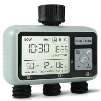 Image of Kazeila Water Timer Irrigation System,3 Outlets Sprinkler Lawn &amp; Garden Watering Equipment/Automatic System/IPX5 Waterproof/Child Lock Mode/Sprinklers for Lawns