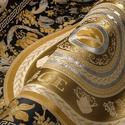 Image of Versace Wallpaper Floral 387055 Gold Black Silver Designer Tendrils Circles 10.05 x 0.70 m Made in Germany