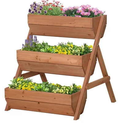 Image of Outsunny 3 Tier 66L Raised Garden Bed Wooden Elevated Planter Box Kit for Flower, Vegetable, Herb, 65 x 75 76cm, Brown