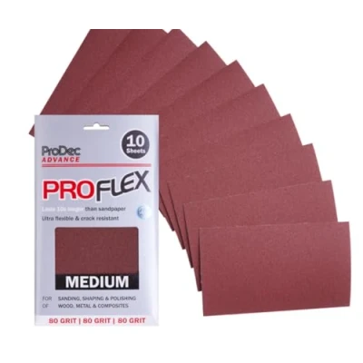 Image of ProDec Advance 10 Sheets Medium Grade 80 Grit Proflex Ultra Flexible Crack Resistant Aluminium Oxide Abrasive Sanding Paper for Wood, Paint, Plaster, Filler, Metal &amp; More, 9&quot; x 5.5&quot;,230x140mm