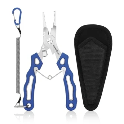 Image of supregear Fishing Pliers, Stainless Steel Pliers Multipurpose Split Ring Wire Cutting Tool, Tackle Kit with Safety Oiled Lanyard and Nylon Sheath, Blue
