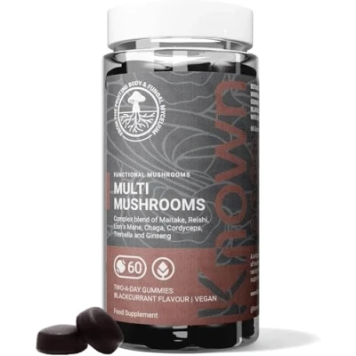 Image of Tasty 2000mg Multi Mushroom Gummies with Lions Mane, Reishi, Maitake, Chaga, Cordyceps &amp; Tremella Vegan Halal Food Supplement Natural Blackcurrant Flavour 1 Month Supply Known Nutrition