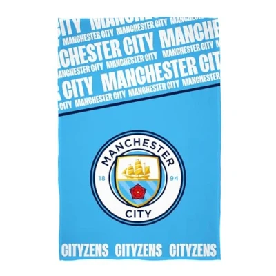 Image of Character World Manchester City Fleece Throw Blanket Super Soft, Football Crest Design Blue &amp; White Bold Text Pattern Warm Soft Feel Perfect for Home, Bedroom, Sleepovers Camping