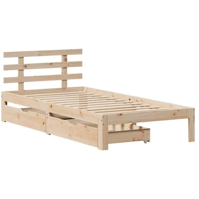 Image of vidaXL Bed Frame with Drawers Small Single 75x190 cm Solid Pine Wood, Brown Modern Bedroom Storage Solution Slatted Base &amp; Rolling