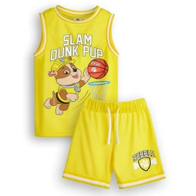 Image of Paw Patrol Boys Rubble Basketball Jersey and Shorts Set Kids Slam Dunk Pup Complete Two Piece Sports Outfit in Yellow Children&#039;s Athletic Wear Matching Bundle Cartoon Merchandise Apparel Gift