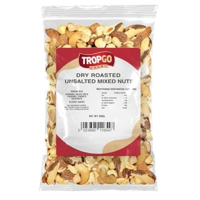 Image of Tropgo Roasted Unsalted Mixed Nuts 500g Nut Snacks Packed Fresh, Healthy with Fibre, Protein, and Minerals Perfect for Snacking Includes Almonds, Brazil Nuts, Cashews, Peanuts, &amp; Hazelnuts