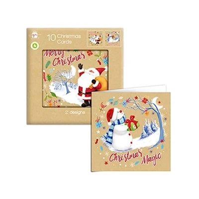 Image of Giftmaker Pack 10 Square Christmas Cards Family Friends 2 Designs Kraft Santa &amp; Snowman Cartoon