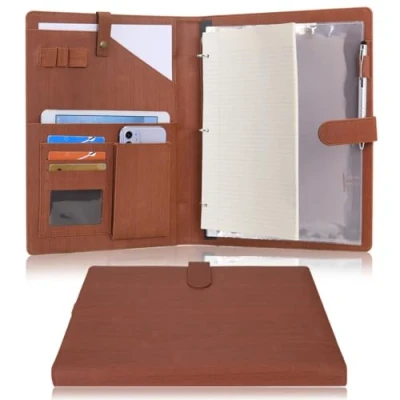 Image of Wonderpool A4 PU Leather Portfolio Holder Ring File Document Case with Removable Binder Clipboard, Multi Pocket and Legal Pad for Business Organizer Interview Meeting (Brown)