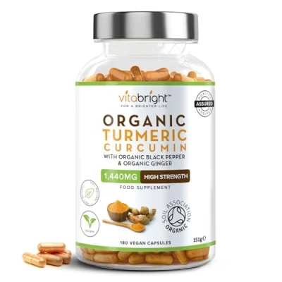 Image of High Strength Turmeric &amp; Black Pepper Capsules 1440mg, 180 Caps/3 Months, Organic Ginger Capsules, Curcumin (Not Tablets) VitaBright Tumeric Supplement Joints