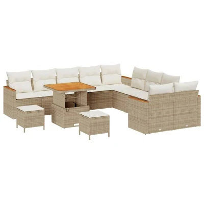 Image of vidaXL 13 Piece Garden Sofa Set with Cushions Beige Poly Rattan Acacia