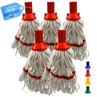 Image of Red Looped Cotton Mop Heads Replacement with Absorbent Yarn, Self Threading Floor Head, Mops for Hard Floor, Tiles, Wood, Laminate Color Coded Commercial Cleaning Pack of 5