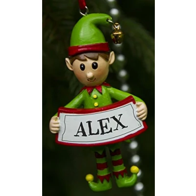 Image of Boxer Gifts Alex Personalised Elf Christmas Tree Decoration Xmas Bauble Ornament Gift One for The Whole Family, Ceramic, Multi Colour, 8 x 4.5 2 cm
